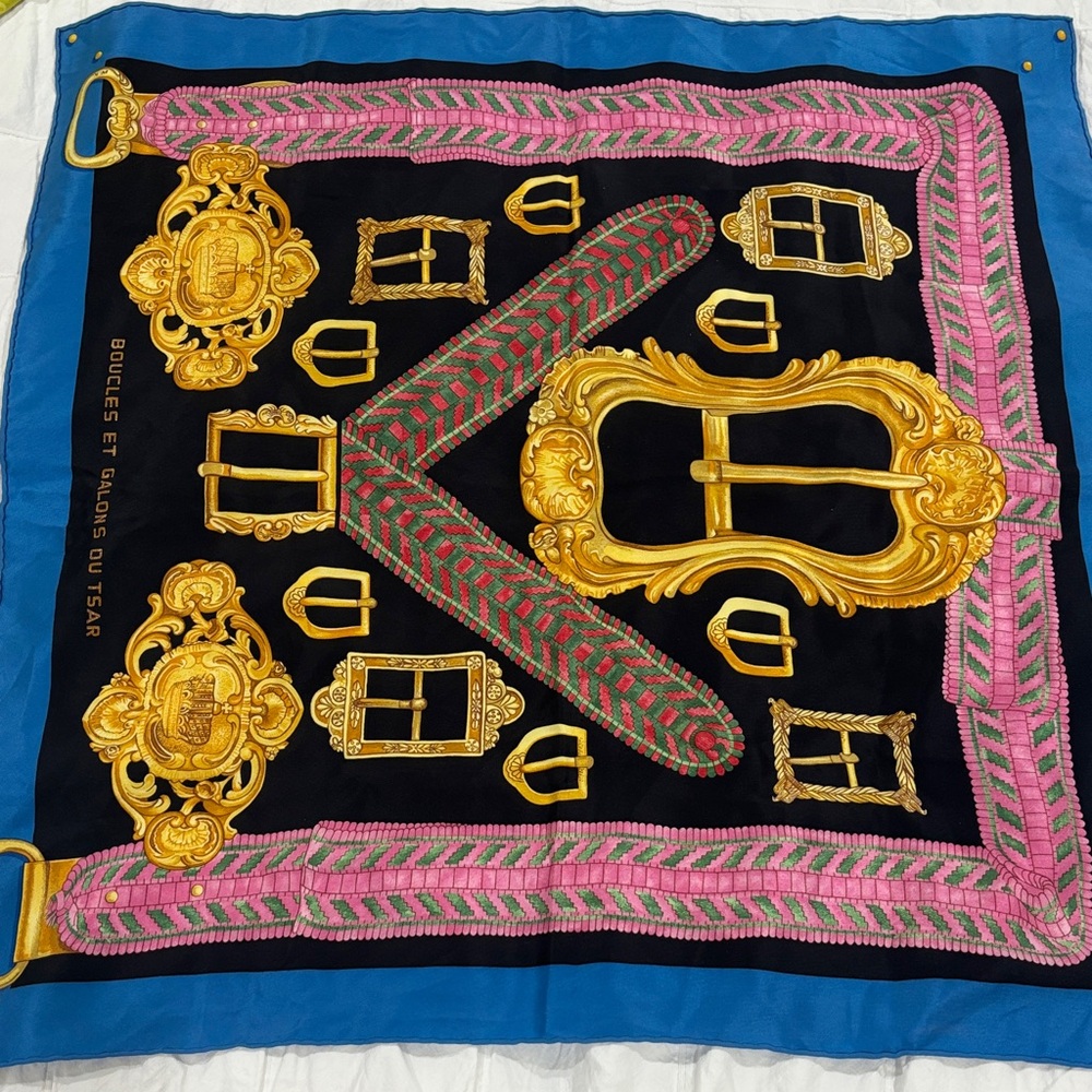 Hermes Black and Blue Scarf with Gold and Pink Accents